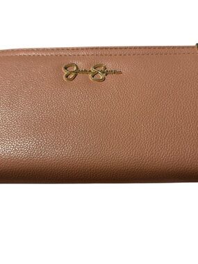Jessica Simpson Brown Pebbled Leather Zip-Around Wallet with Gold Logo